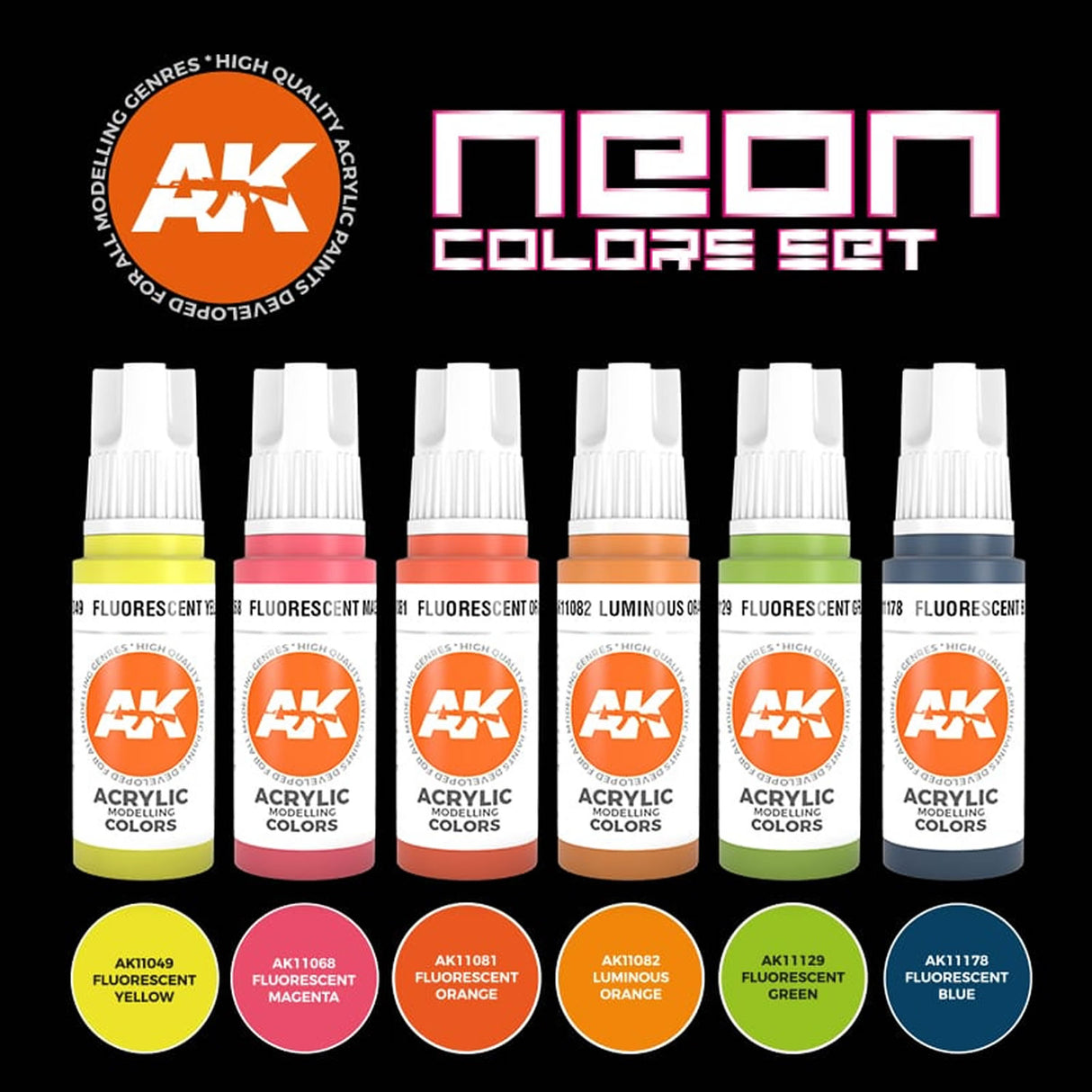 Neon Colours Set - 3G Acrylic Paint x 6 | AK interactive | AK11610