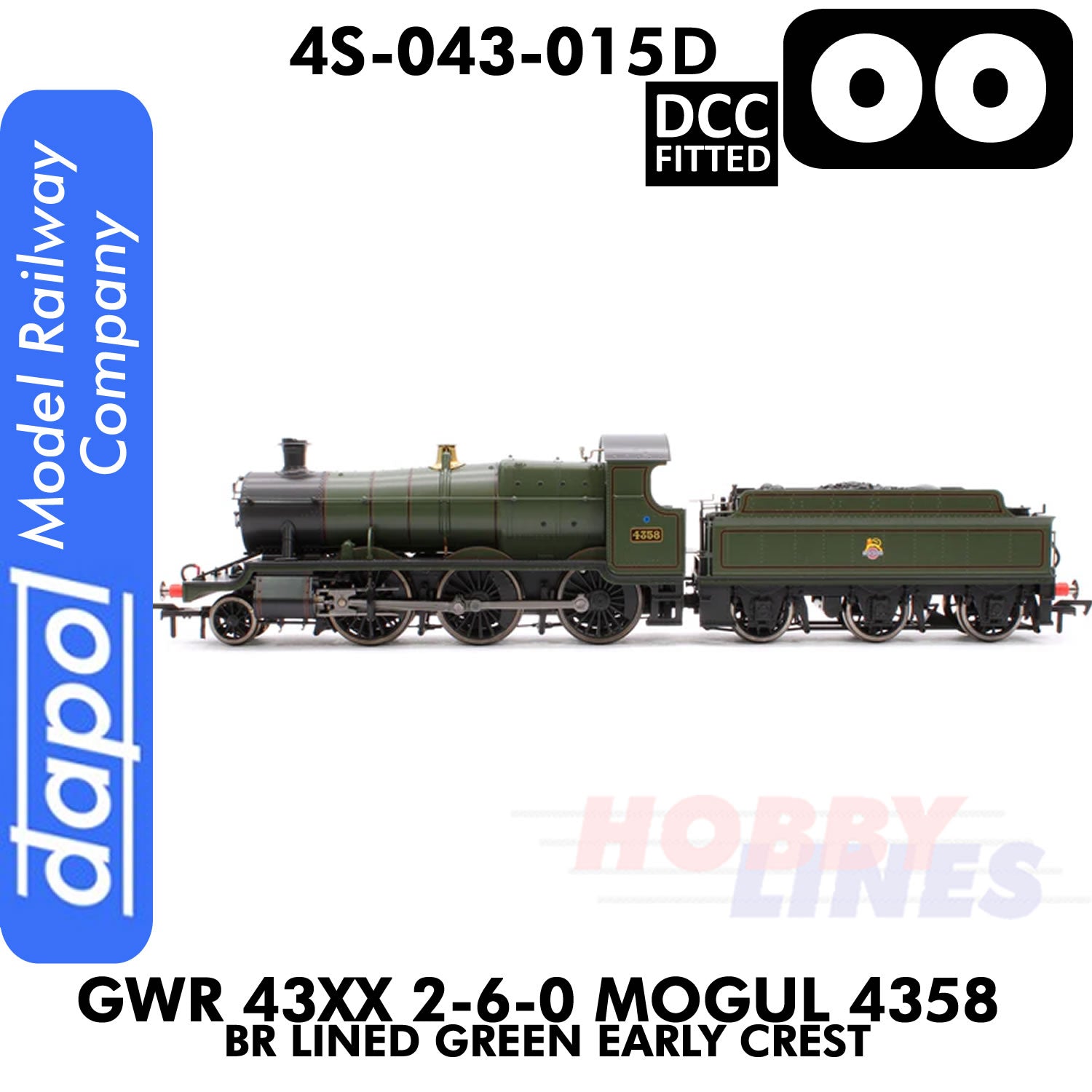 Great Western Railway -  43xx 2-6-0 Mogul 4358 BR Lined Green Early Crest -  DCC -1:76 OO | Dapol | 4S-043-015D