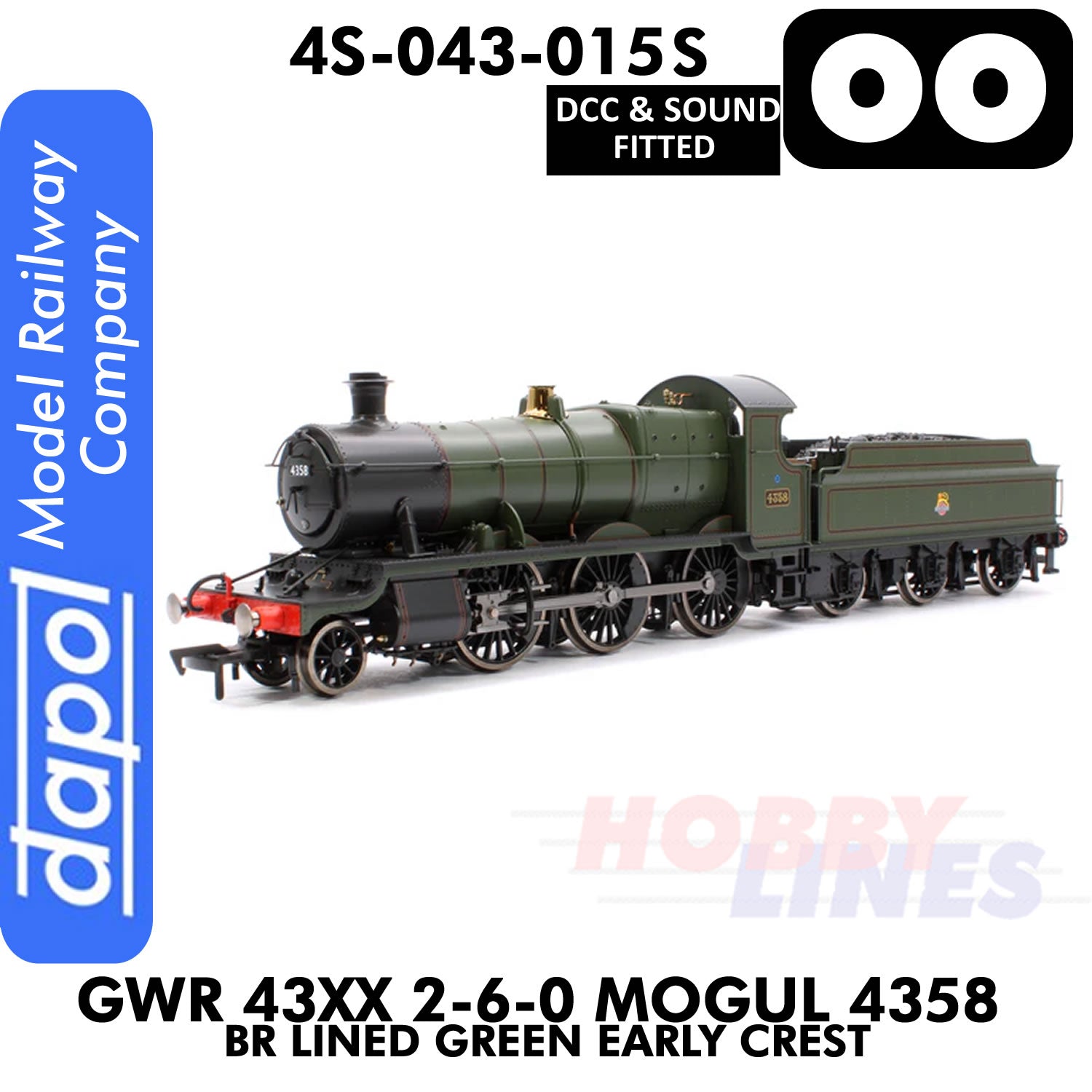 Great Western Railway - 43xx 2-6-0 Mogul 4358 BR Lined Green Early Crest - DCC & Sound - 1:76 OO | Dapol |  4S-043-015S
