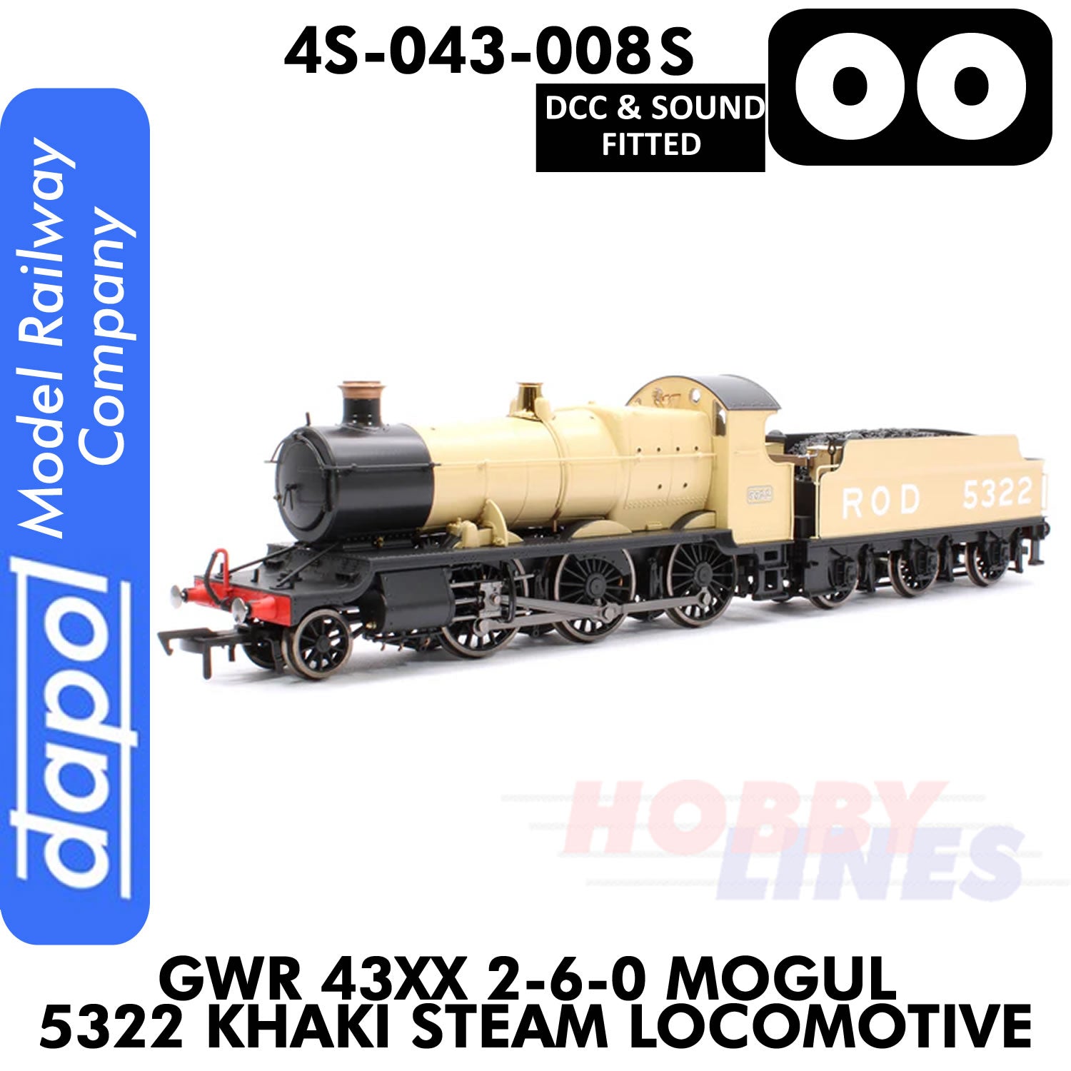 Great Western Railway -  43xx 2-6-0 Mogul 5322 Khaki - DCC & Sound - 1:76 OO | Dapol | 4S-043-008S