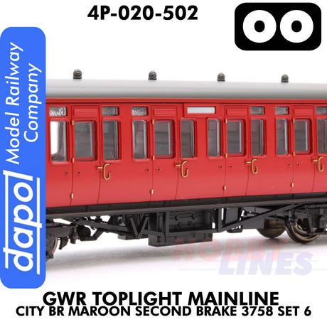 Great Western Railway - Toplight Coach MainLine City BR Maroon 2nd Brake 3758 Set 6 | Dapol | 4P-020-502