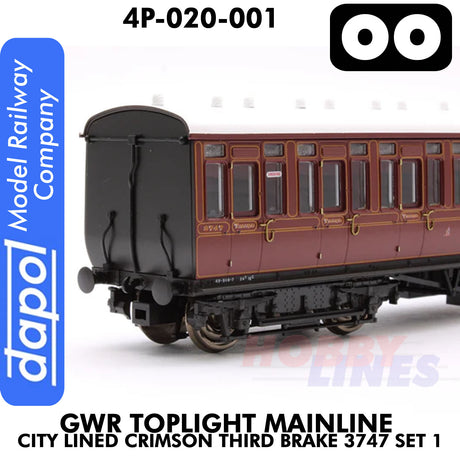 Great Western Railway -  Toplight Coach MainLine City Lined Crimson Third Brake 3747 Set 1 | Dapol | 4P-020-001