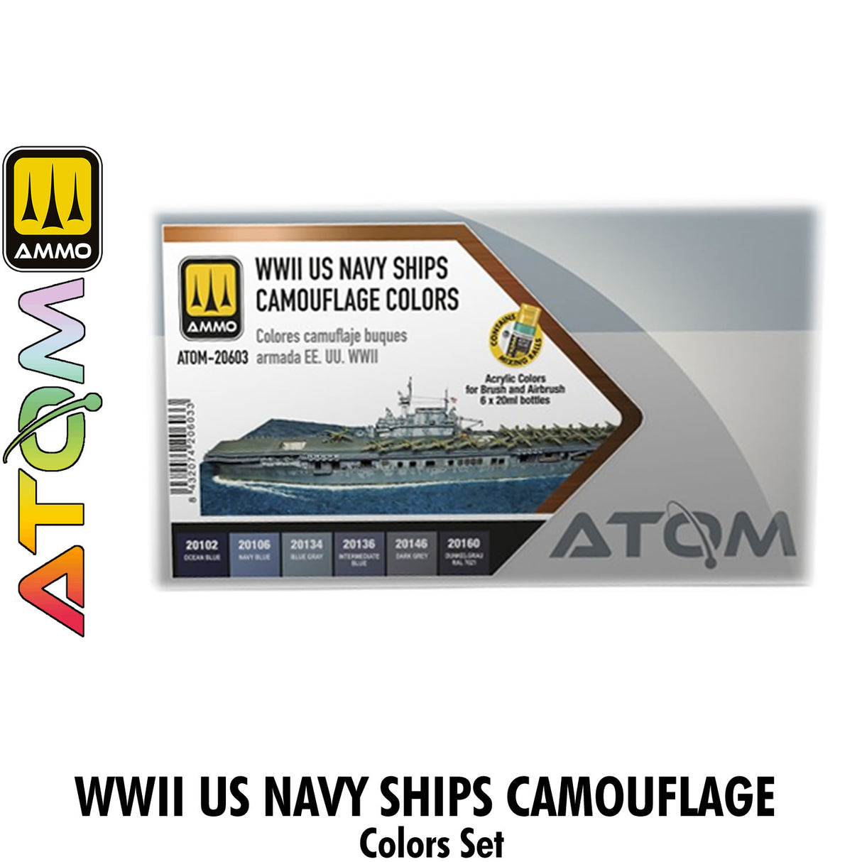 ATOM WWII US Navy Ships Camouflage colors Set - 6 20ml Acrylic Paint | Ammo by Mig Jimenez ATOM20603