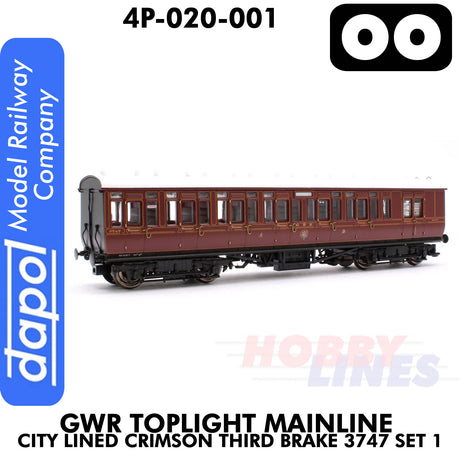 Great Western Railway -  Toplight Coach MainLine City Lined Crimson Third Brake 3747 Set 1 | Dapol | 4P-020-001