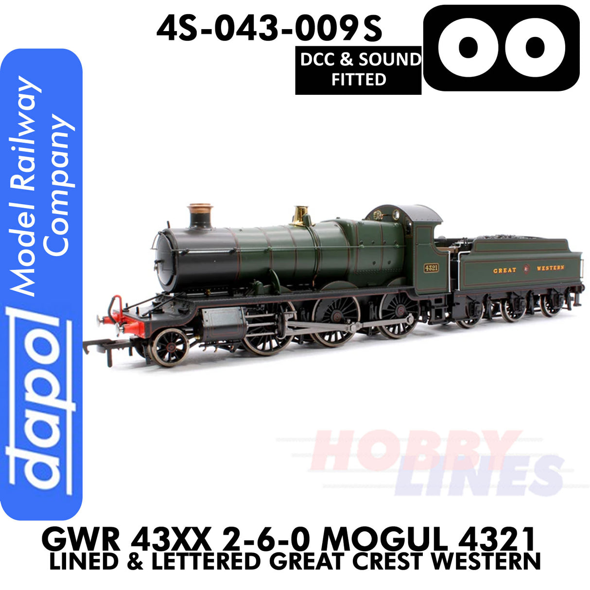Great Western Railway - 43xx 2-6-0 Mogul 4321 Lined & Lettered Great Crest Western - DCC & Sound - 1:76 OO | Dapol | 4S-043-009S