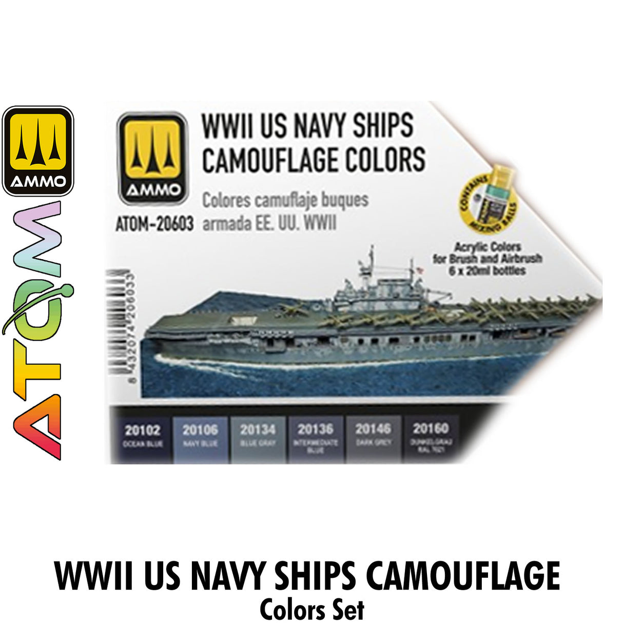 ATOM WWII US Navy Ships Camouflage colors Set - 6 20ml Acrylic Paint | Ammo by Mig Jimenez ATOM20603