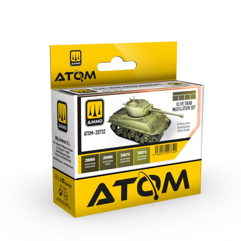 ATOM Olive Drab Modulation Set - 4 20ml Acrylic Paint |  Ammo by Mig Jimenez