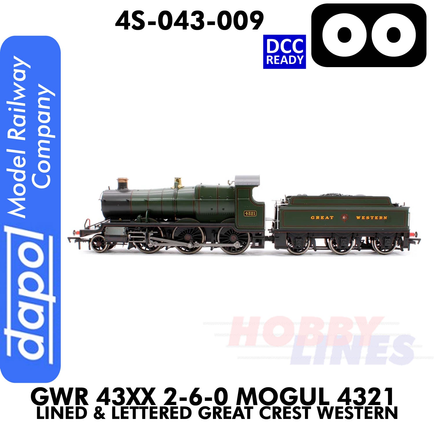 Great Western Railway - 43xx 2-6-0 Mogul 4321 Lined & Lettered Great Crest Western - DCC Ready - 1:76 OO | Dapol |  4S-043-009