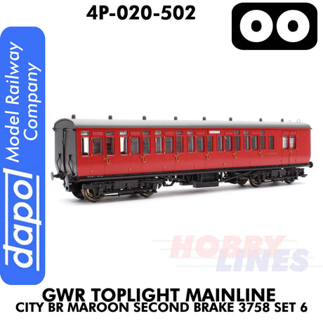 Great Western Railway - Toplight Coach MainLine City BR Maroon 2nd Brake 3758 Set 6 | Dapol | 4P-020-502