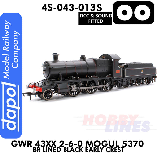 Great Western Railway - 43xx 2-6-0 Mogul 5370 BR Lined Black Early Crest - DCC & Sound - 1:76 OO | Dapol | 4S-043-013S