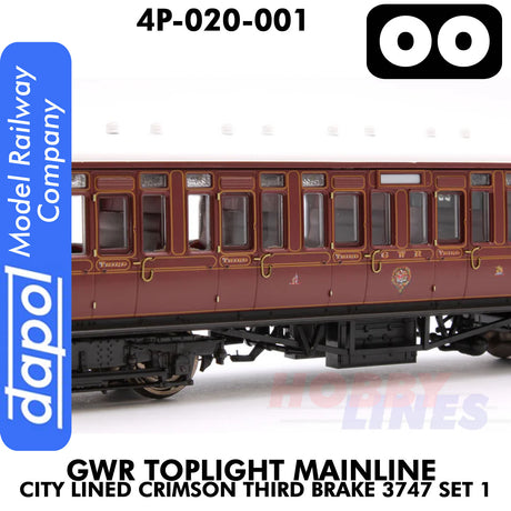 Great Western Railway -  Toplight Coach MainLine City Lined Crimson Third Brake 3747 Set 1 | Dapol | 4P-020-001