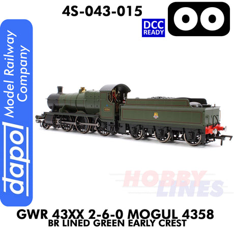 Great Western Railway - 43xx 2-6-0 Mogul 4358 BR Lined Green Early Crest - DCC Ready - 1:76 OO | Dapol | 4S-043-015