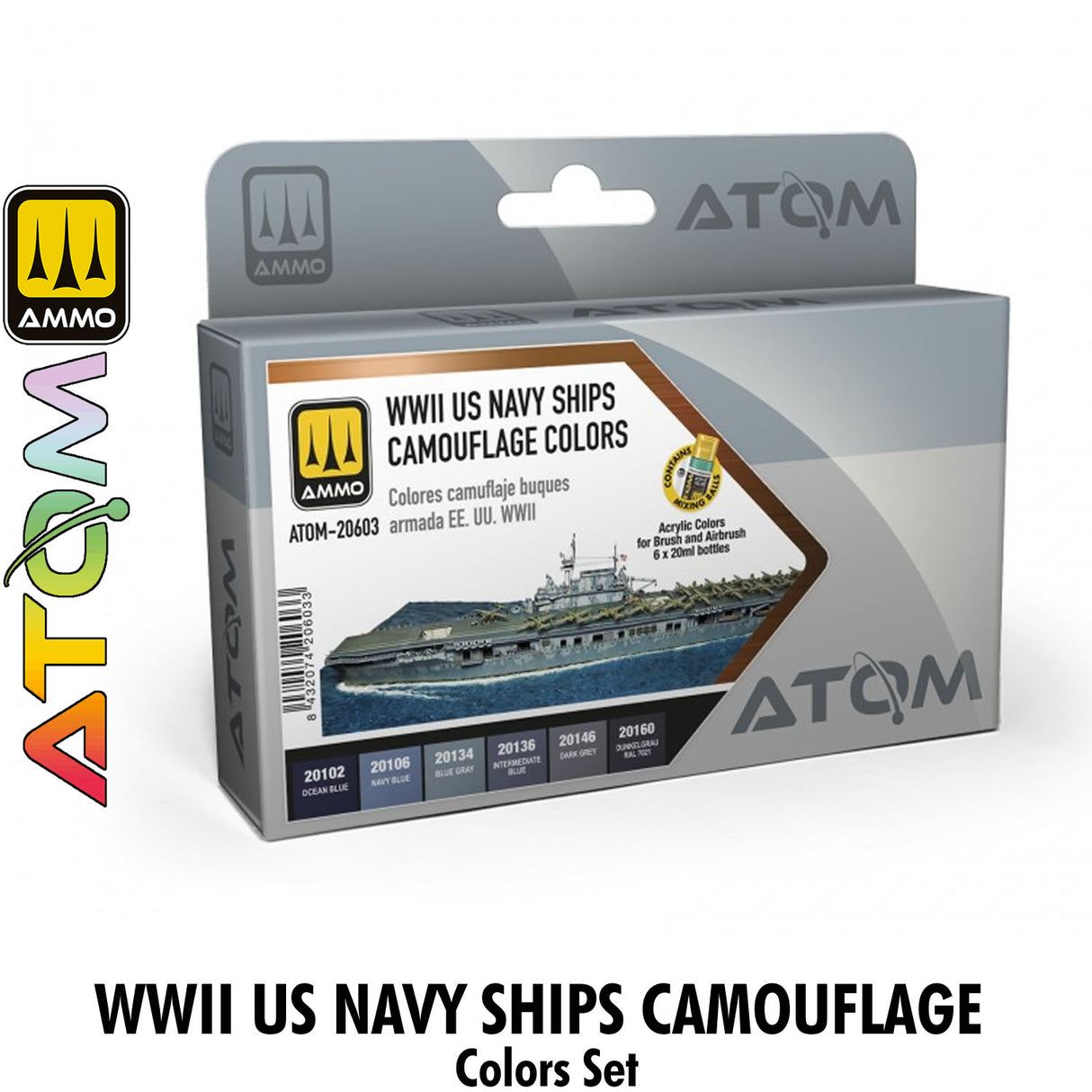 ATOM WWII US Navy Ships Camouflage colors Set - 6 20ml Acrylic Paint | Ammo by Mig Jimenez ATOM20603