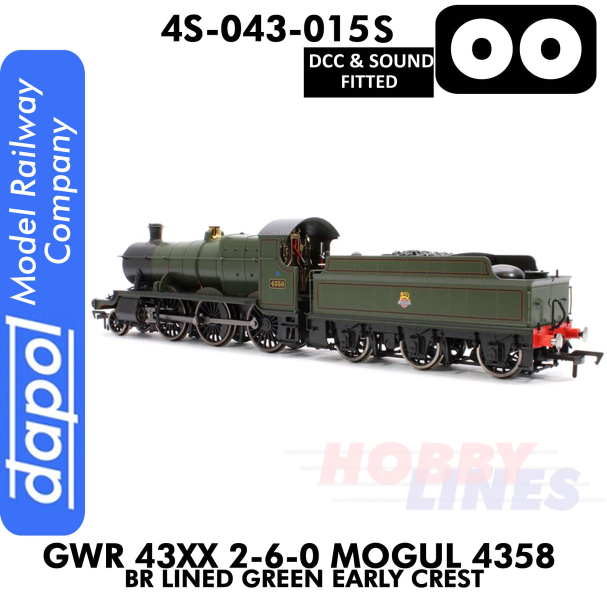 Great Western Railway - 43xx 2-6-0 Mogul 4358 BR Lined Green Early Crest - DCC & Sound - 1:76 OO | Dapol |  4S-043-015S