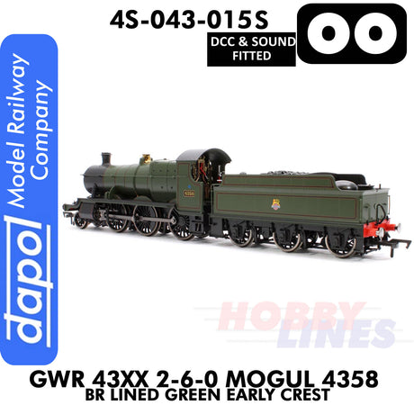 Great Western Railway - 43xx 2-6-0 Mogul 4358 BR Lined Green Early Crest - DCC & Sound - 1:76 OO | Dapol |  4S-043-015S