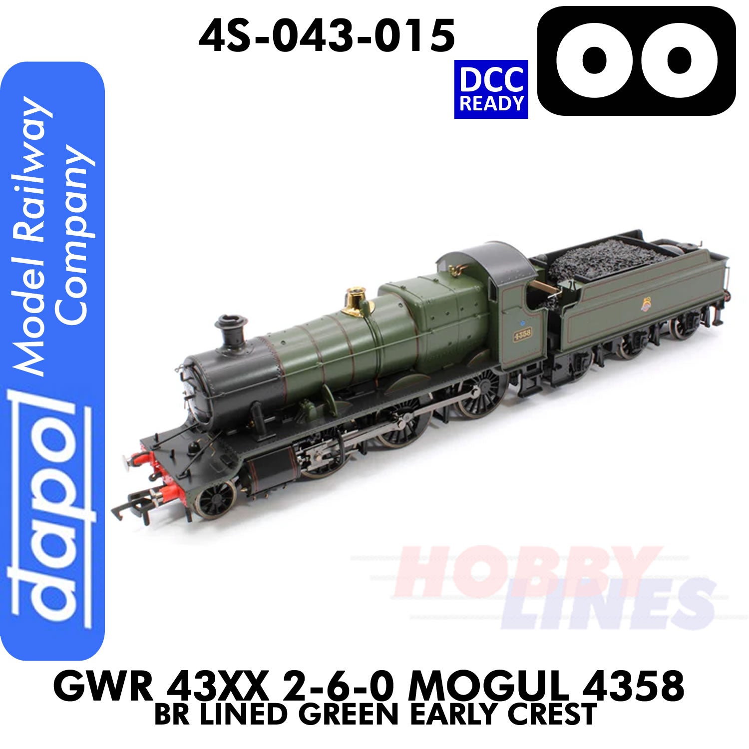 Great Western Railway - 43xx 2-6-0 Mogul 4358 BR Lined Green Early Crest - DCC Ready - 1:76 OO | Dapol | 4S-043-015