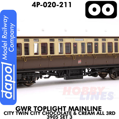 Great Western Railway - Toplight Coach MainLine Chocolate & Cream All 3rd 3905 Set 3 | Dapol | 4P-020-211