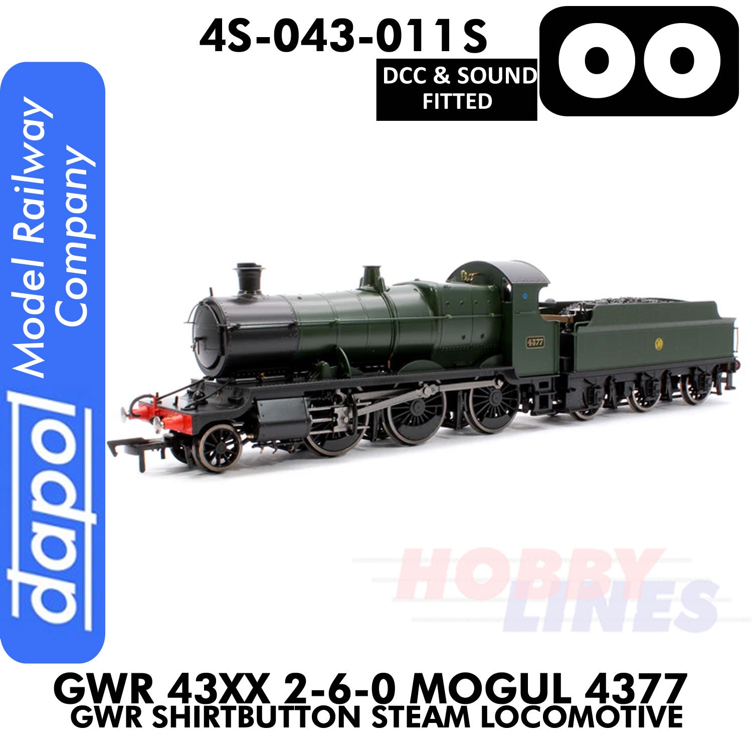 Great Western Railway -  43xx 2-6-0 Mogul 4377 Shirtbutton - DCC & Sound -1:76 OO | Dapol |  4S-043-011S