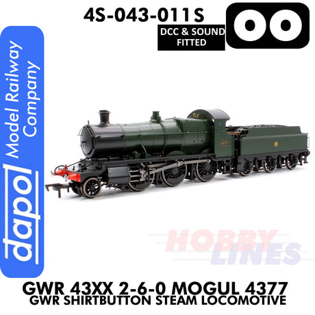 Great Western Railway -  43xx 2-6-0 Mogul 4377 Shirtbutton - DCC & Sound -1:76 OO | Dapol |  4S-043-011S