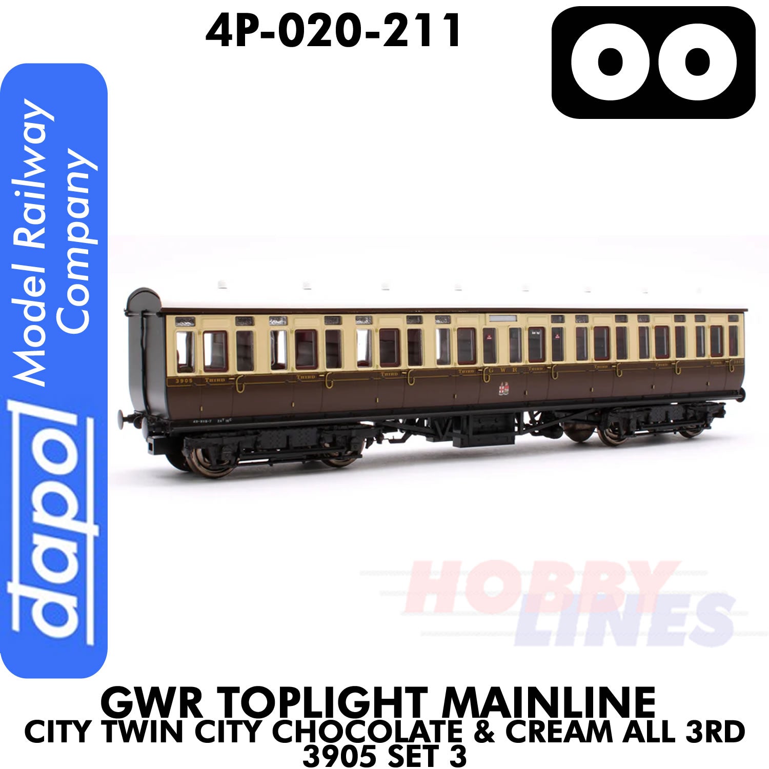 Great Western Railway - Toplight Coach MainLine Chocolate & Cream All 3rd 3905 Set 3 | Dapol | 4P-020-211