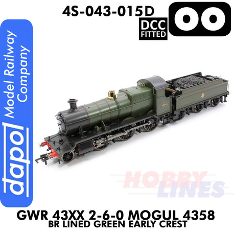 Great Western Railway -  43xx 2-6-0 Mogul 4358 BR Lined Green Early Crest -  DCC -1:76 OO | Dapol | 4S-043-015D