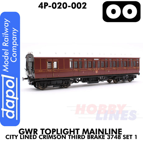 Great Western Railway -  Toplight Coach MainLine City Lined Crimson 3rd Brake 3748 Set 1 | Dapol | 4p-020-002