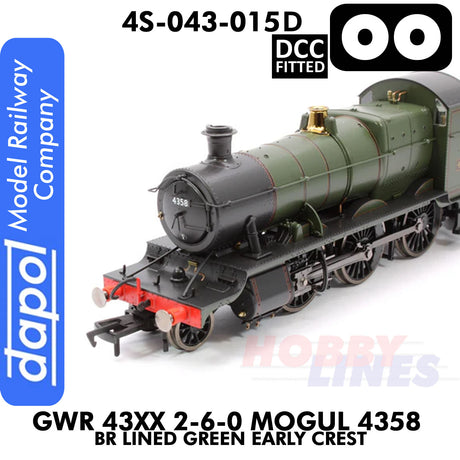 Great Western Railway -  43xx 2-6-0 Mogul 4358 BR Lined Green Early Crest -  DCC -1:76 OO | Dapol | 4S-043-015D