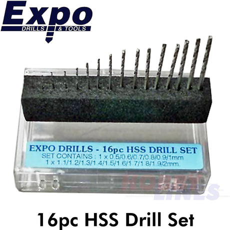 HSS DRILL BIT SET 16pc range 0.5 - 2.0mm Storage Case Expo Tools 11516