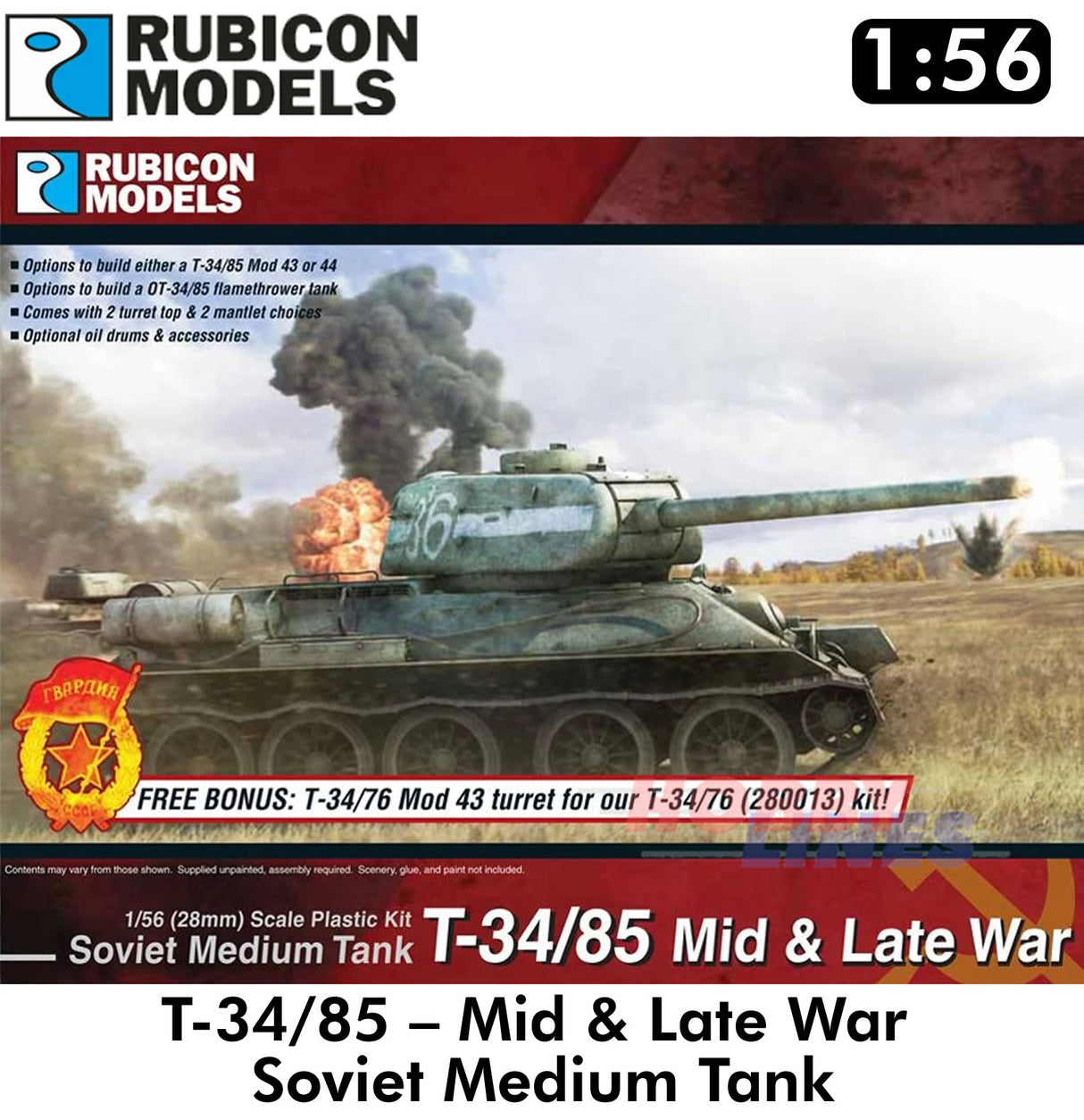 Soviet Medium Tank T-34/85 WWII Plastic Model Kit 1:56 Rubicon Models 280021