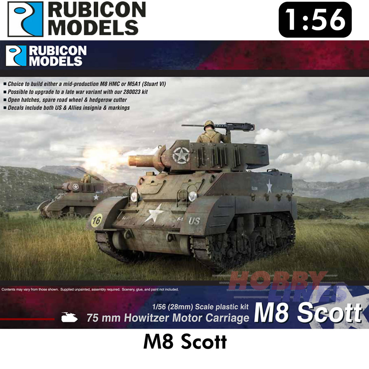M8 Scott / M5A1 Howitzer Tank WWII Plastic Model Kit 1:56 Rubicon Models 280024