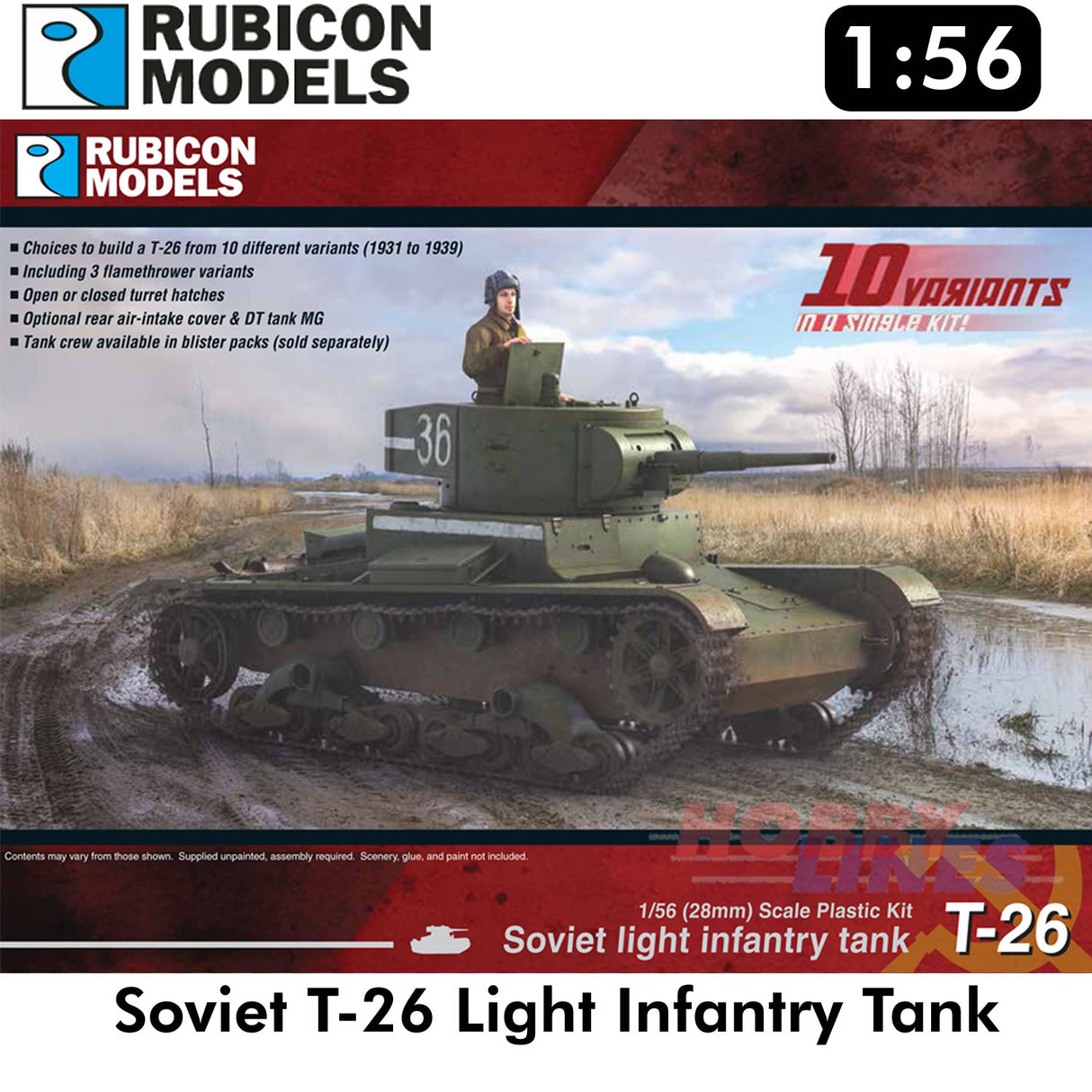 Soviet T-26 Light Infantry Tank Plastic Model Kit 1:56 Rubicon Models 280070