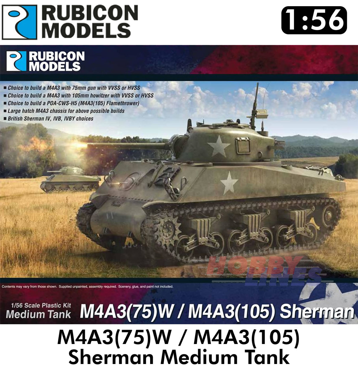 SHERMAN M4A3(75)W M4A3(105) Medium Tank Model Kit 1:56 Rubicon Models 280111