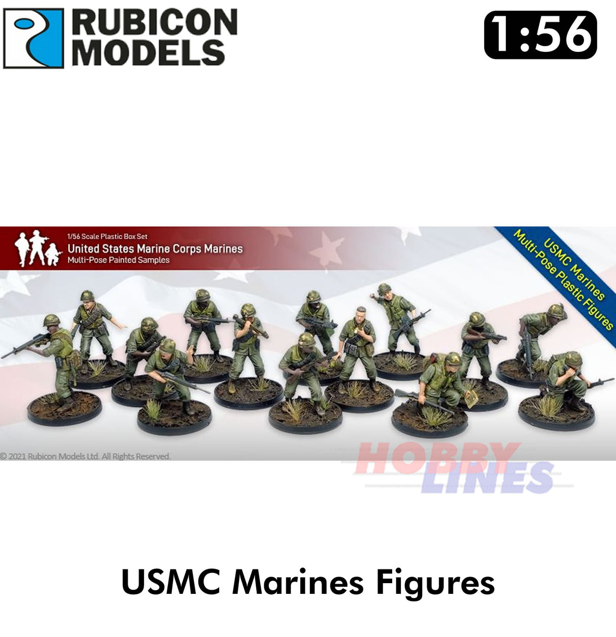 USMC Marines & Command Plastic 30 Figures 1:56 Kit Rubicon Models 281002