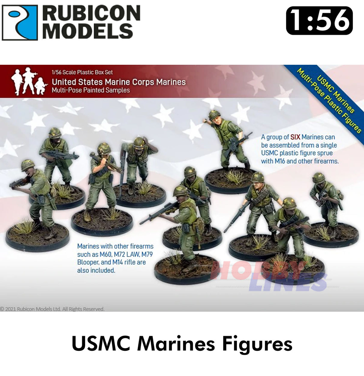 USMC Marines & Command Plastic 30 Figures 1:56 Kit Rubicon Models 281002