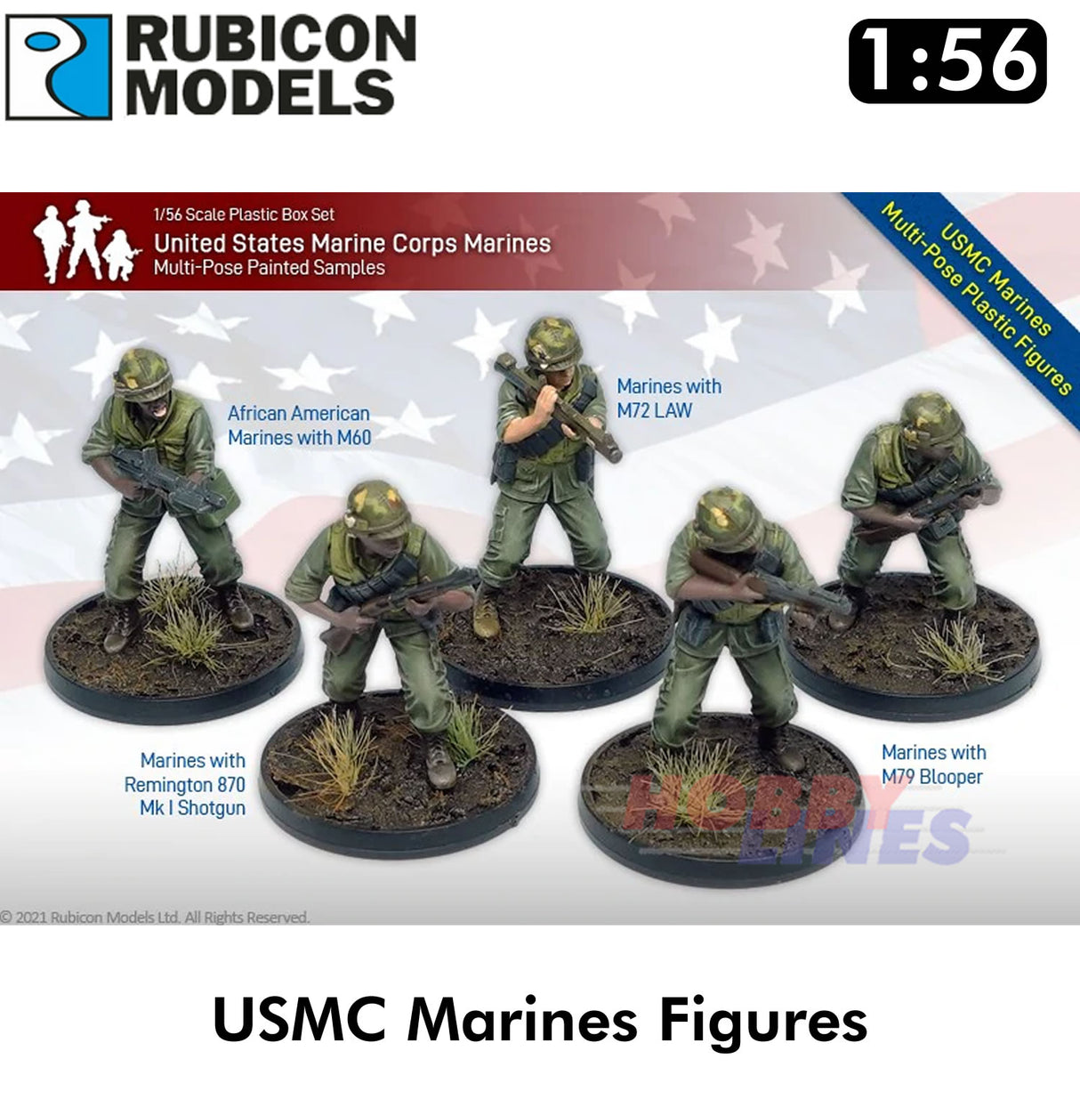 USMC Marines & Command Plastic 30 Figures 1:56 Kit Rubicon Models 281002