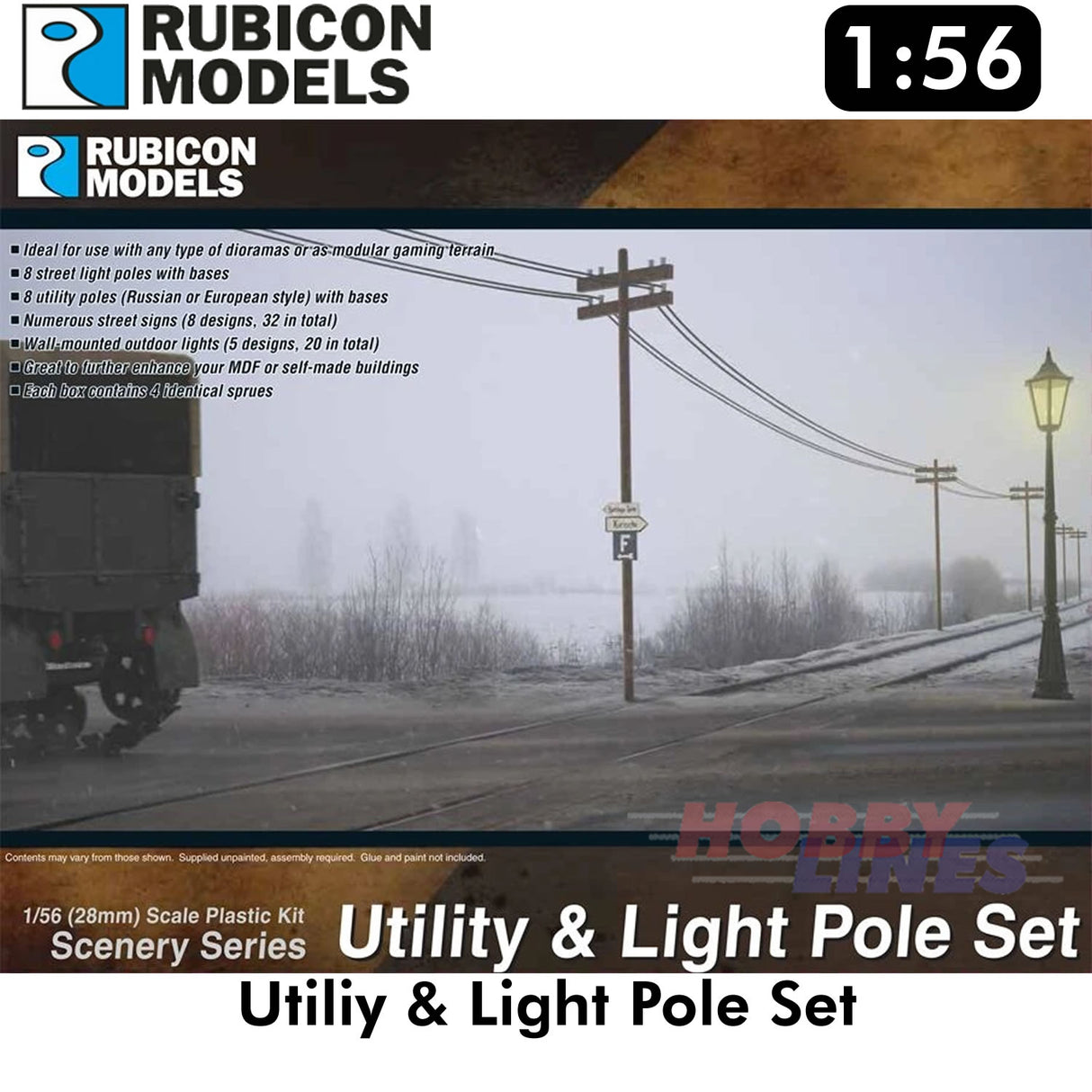 Utiliy & Light Pole Set Diorama Plastic Model Kit 1:56 Rubicon Models 283004