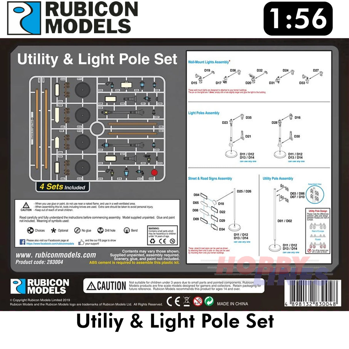Utiliy & Light Pole Set Diorama Plastic Model Kit 1:56 Rubicon Models 283004