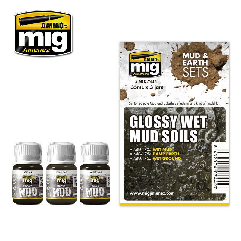AMMO By Mig Jimenez MIG7442 GLOSSY WET MUD SOILS MUD & EARTH SET Paint Modelling