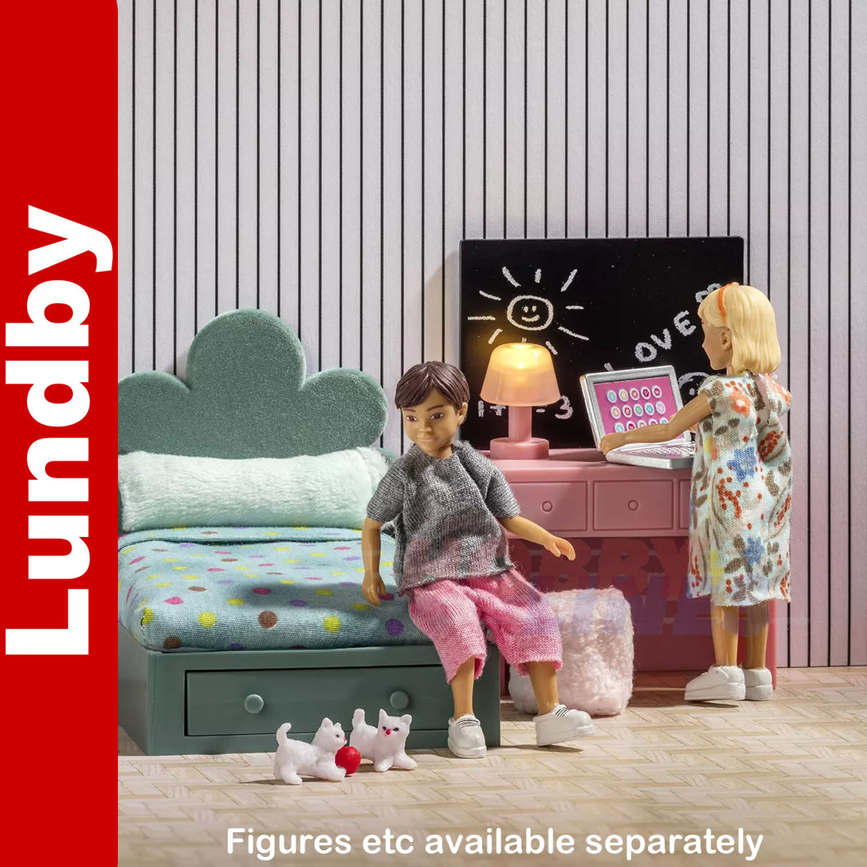 TEEN ROOM SET Bedroom Bed Vanity & Lamp Dolls House 1:18th scale LUNDBY Sweden