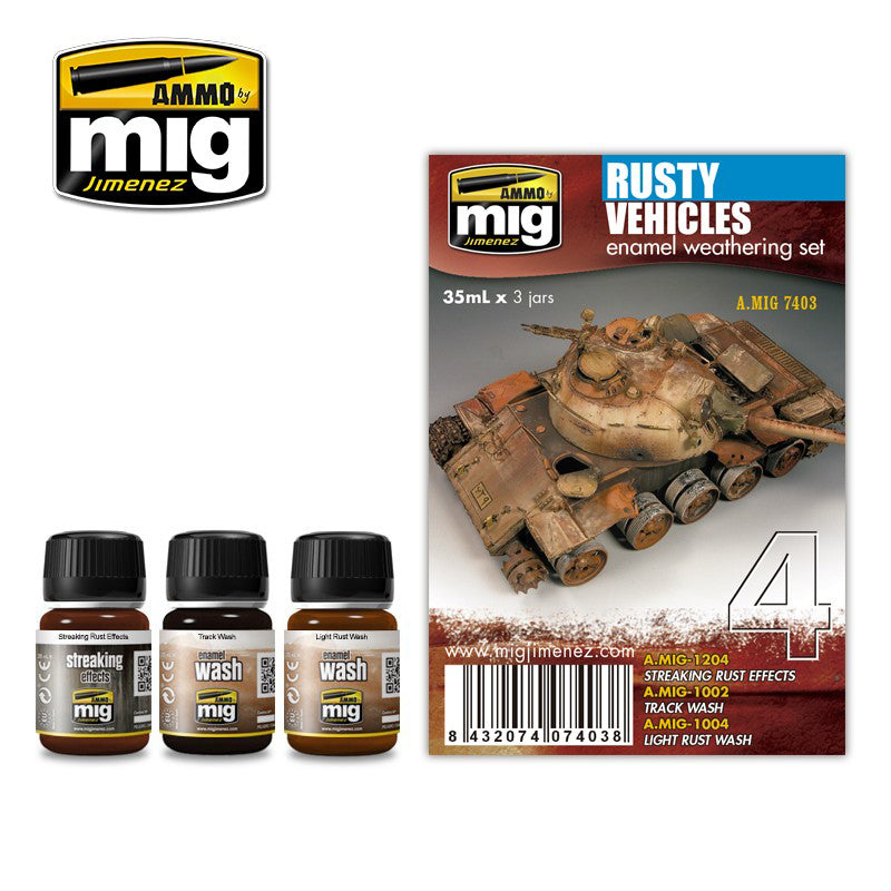AMMO By Mig Jimenez MIG7403 RUSTY VEHICLES ENAMEL WEATHERING SET Paint Modelling
