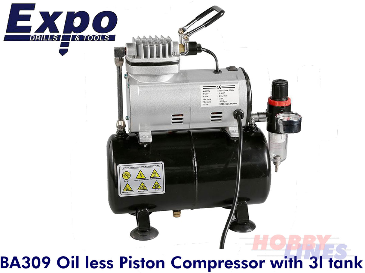 AIR COMPRESSOR w. 3L tank 23-25L/min oil less piston airbrush Expo Tools BA309
