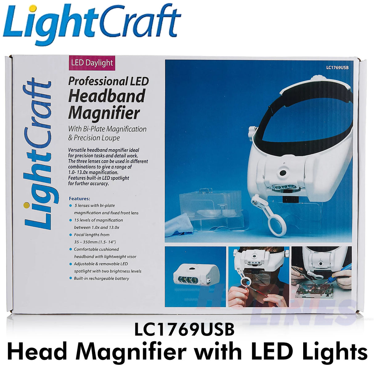Headband Magnifier LED 5 lenses 15 levels Magnification LightCraft LC1769USB