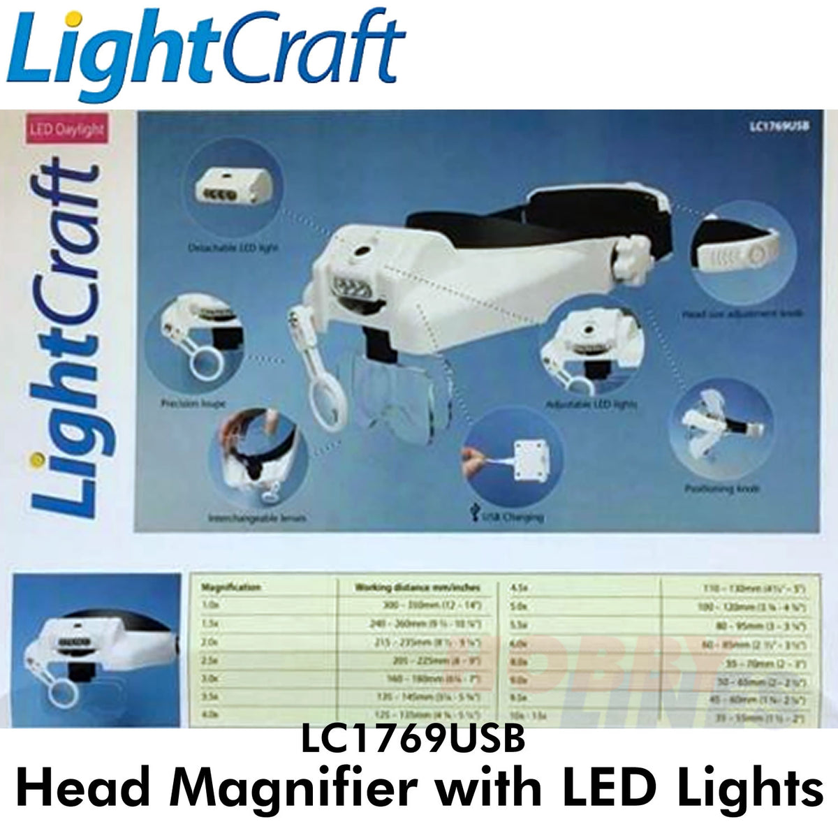 Headband Magnifier LED 5 lenses 15 levels Magnification LightCraft LC1769USB