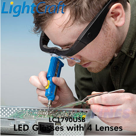LED Glasses 4 lenses Magnification 1.5x 2.5x 3.5 5.0x LightCraft LC1790 USB
