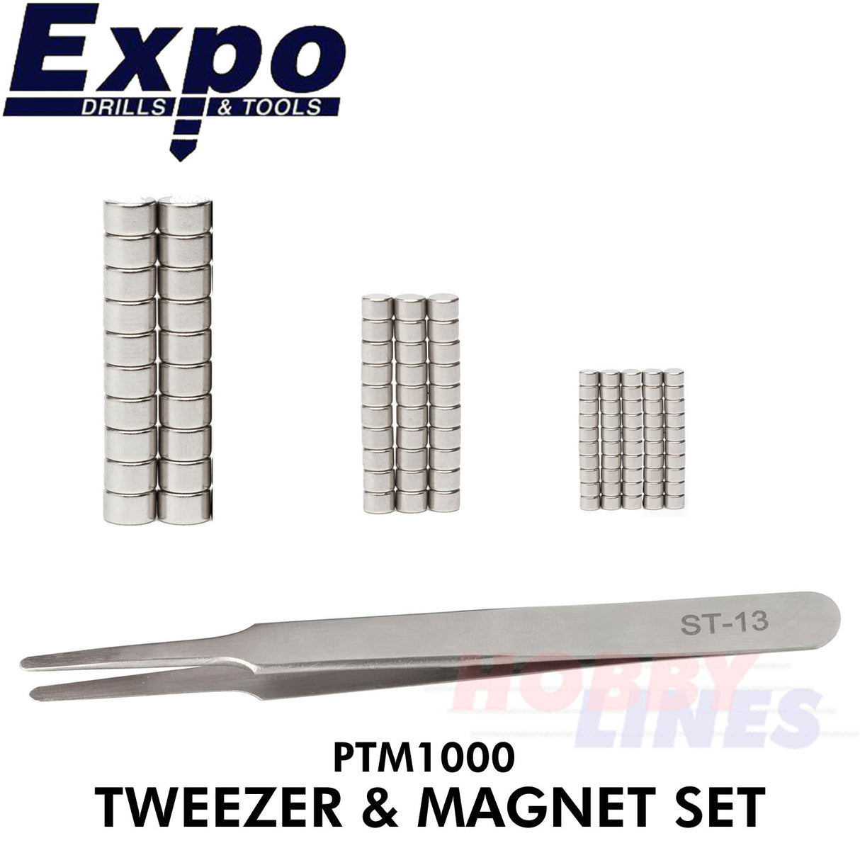 100pc Neodymium Magnet & Non-magnetic Tweezers Set Expo Tools PTM1000