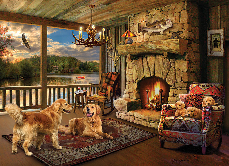 Cobble Hill Greg Giordano LAKESIDE CABIN Dogs Puppies 1000pc Jigsaw Puzzle 80294