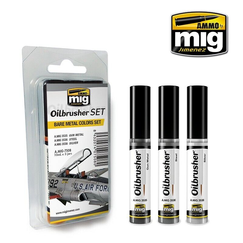Oilbrusher Set - Bare Metal Set - 3 x 10 ml | Ammo by Mig Jimenez | MIG7508