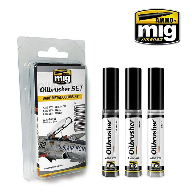 Oilbrusher Set - Bare Metal Set - 3 x 10 ml | Ammo by Mig Jimenez | MIG7508