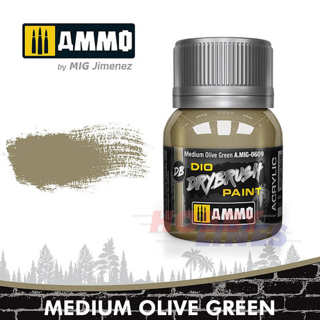 DIO Drybrush Paint - Medium Olive Green 40ml | Ammo by Mig Jimenez | MIG0609