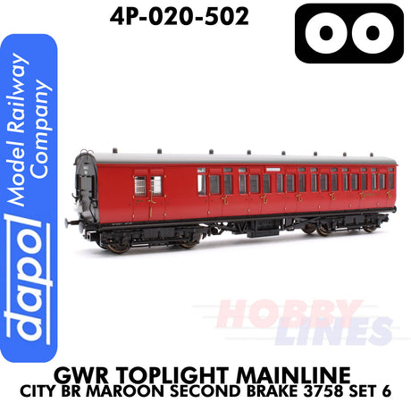 Great Western Railway - Toplight Coach MainLine City BR Maroon 2nd Brake 3758 Set 6 | Dapol | 4P-020-502